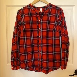Old Navy ruffle trim, red plaid LS shirt, size small